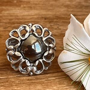 VTG 925 Israel Hematite Ring Size 9 Ornate Filigree Sterling Silver